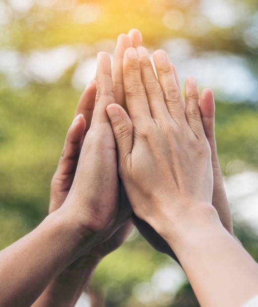 Vertical Horizon Group of teamwork high five team together hands raise up power partner. Diversity multiethnic business people hands success team together. Vertical Collaborate Volunteer partner win